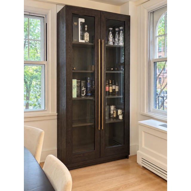 Wood Rh Machinto Glass Cabinet in Brown Oak With Burnished Brass — Like New For Sale - Image 7 of 7