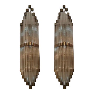 Pair Vintage 1940s Skyscraper Art Deco Wall Sconces Fixture Brass & Glass Rod Ship Light For Sale