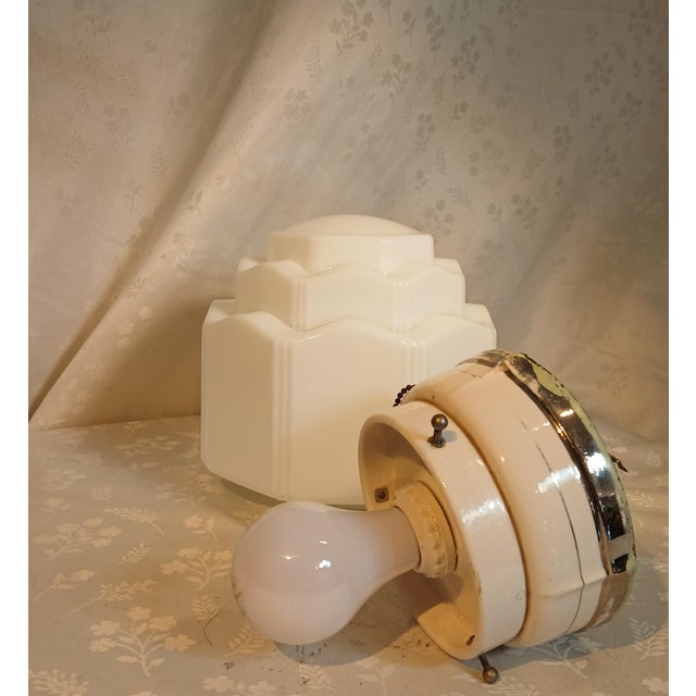 White 1930s Art Deco Milk Glass Skyscraper "Wedding Cake" Flush Mount Ceiling Light For Sale - Image 8 of 10