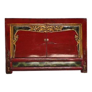 1900s Antique Red Shanxi Cabinet With Carved Border Doors