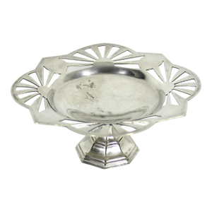 Vintage Art Deco Silverplate Pedestal Dish, Small Footed Pierced Tray with Details Scalloped Edge