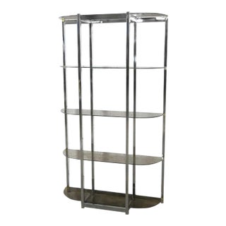 Mid-Century Modern Bow Shape Chrome Etagere 5 Smoked Glass Shelves Style of James David or Dia For Sale
