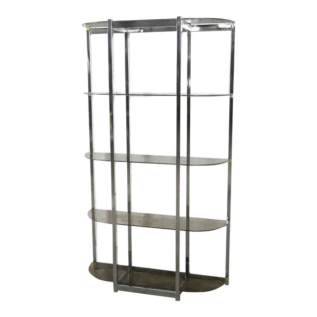 Mid-Century Modern Bow Shape Chrome Etagere 5 Smoked Glass Shelves Style of James David or Dia For Sale