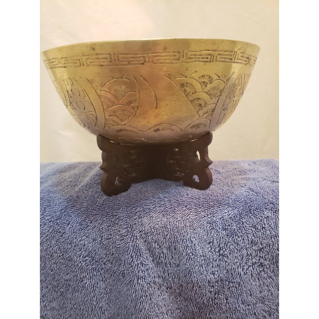 Early 20th Century Vintage Early 20th Century Chinese Brass Etched Dragon Motif Bowl and Carved Stand For Sale - Image 5 of 7