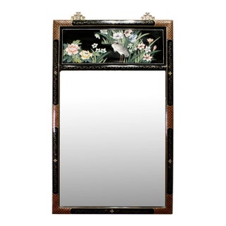 Vintage Chinoiserie Rectangular Black Lacquer Mirror With Scenic Floral Panel, Peonies & Egret For Sale