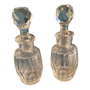 Pair 1920s Cut Glass Bottles With Round Tops