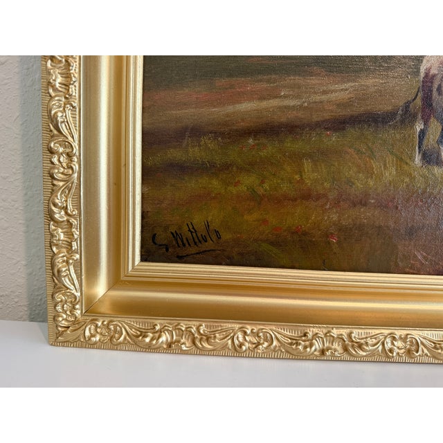 Antique Oil Painting on Canvas Cows Farm Landscape Pastoral Scene Signed Framed For Sale - Image 11 of 15
