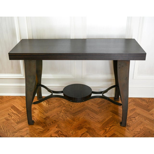 Industrial Trestle Console Table With Macassar Ebony Top and Antique Lathe Base For Sale - Image 10 of 11