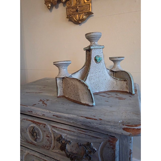 Mid Century Stoneware and Turquoise Candelabra For Sale - Image 9 of 13