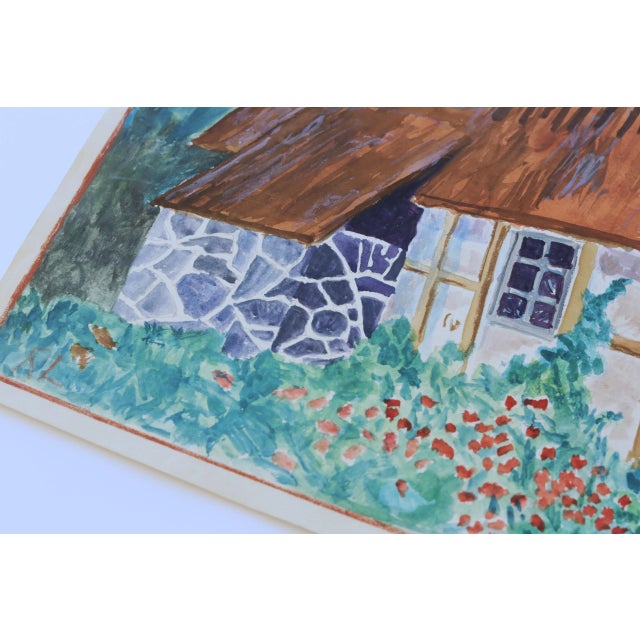 1950s Swedish Mid-Century Folk Art Water Color Painting of a Traditional Thatched Roof Village House Cottage For Sale - Image 4 of 8