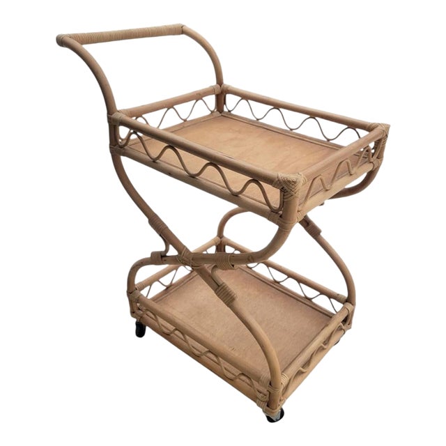 Vintage Rattan Coastal Regency 2 Tier Light Blond Bar Cart For Sale