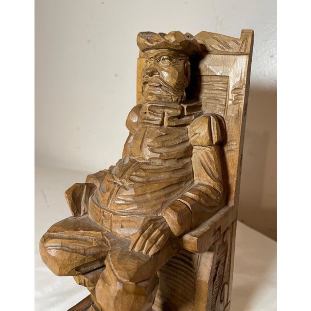 Antique Hand Carved Seated Figural Seated Man Wood Sculpture Statue Folk Art For Sale - Image 4 of 10