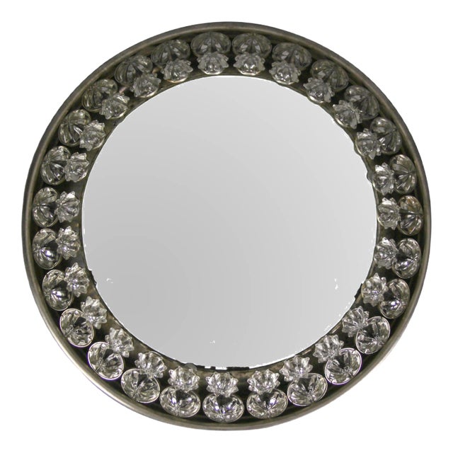 Round Mid-Century Modern Backlit Metal Wall Mirror with Crystal Glass Flowers For Sale