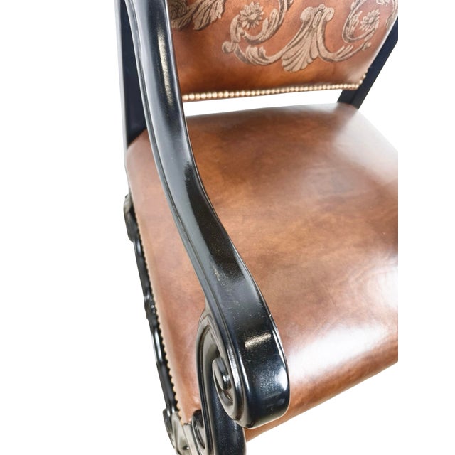Wood Ferguson Copeland European Country Carved Wood & Leather Crest Armchair For Sale - Image 7 of 17