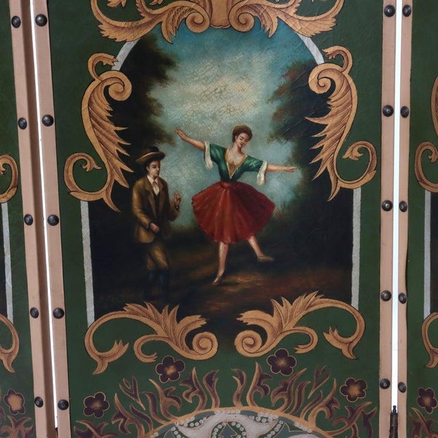 Antique Hand Painted Leather on Board Four Panel Dressing Screen Early 20thC Measures - 84.25"H x 20.25"W x 1"D This early...