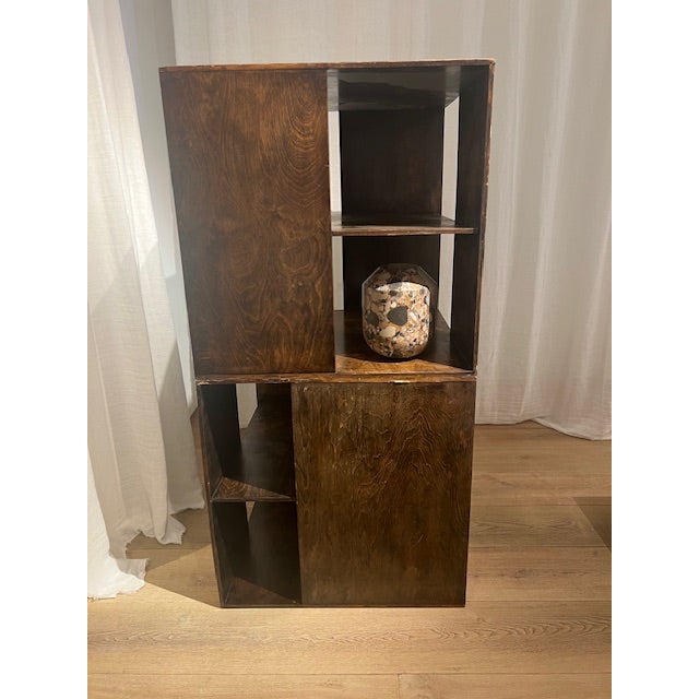 Pair of large constructivist vintage side tables, in the style of Gerrit Rietveld. Wear consistent with age. Dims: 28"w x...