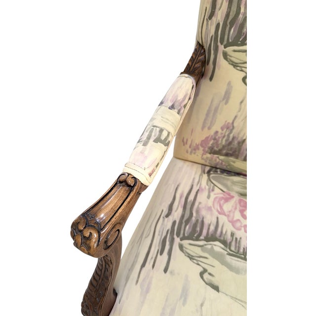 Light Yellow Late 20th Century Pair of French Louis XV Style Carved Accent Chairs Pastel Watercolor Print For Sale - Image 8 of 10