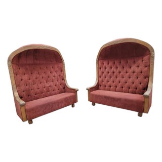 Antique Carved Ornate Tufted Back Porters Canopy Benches - Pair For Sale