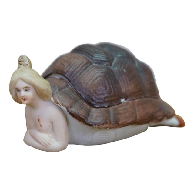 Antique German Victorian Naughty Lady in Tortoise Shell Vanity Box Figurine For Sale