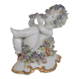 Porcelain English Derby Style Cherub With Grapes Figurine 9777 Signed Rp 4963b For Sale