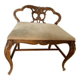 Antique Velvet Wood Carved Upholstered Bench For Sale