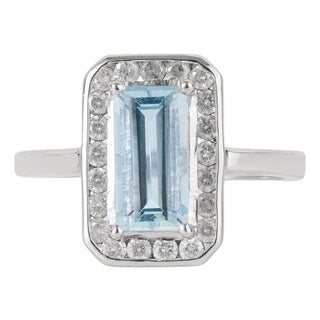 925 Sterling Silver Aquamarine Statement Ring With Diamond Halo, Size 7.5 For Sale