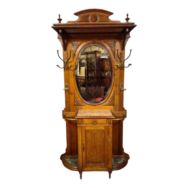 Antique Renaissance Oak Coat Rack with Mirror For Sale