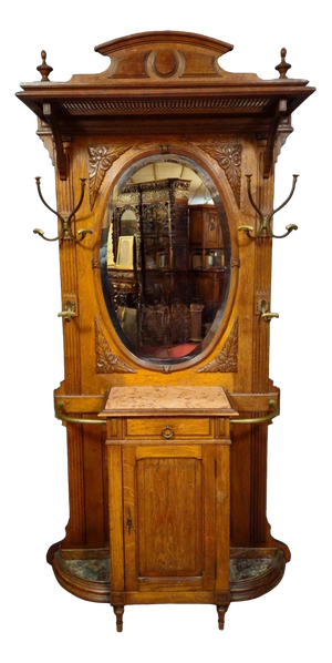 Antique Renaissance Oak Coat Rack with Mirror