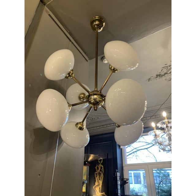 Sputnik Chandelier in Golden Brass with 8 Opaline Glass Ball Globes, 1970s For Sale - Image 10 of 12