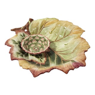 Vintage Fitz and Floyd Majolica Chip Dip Server Artichoke Leaves Venetian Romance Bowl For Sale