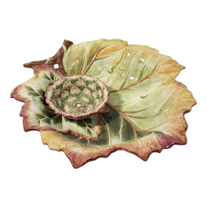 Vintage Fitz and Floyd Majolica Chip Dip Server Artichoke Leaves Venetian Romance Bowl