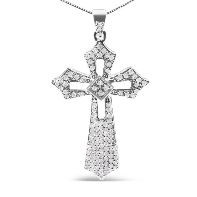 Contemporary .925 Sterling Silver 1.00 Cttw Diamond Fleur De Lis Cross 18" Pendant Necklace (H-I Color, I2-I3 Clarity) For Sale - Image 3 of 6