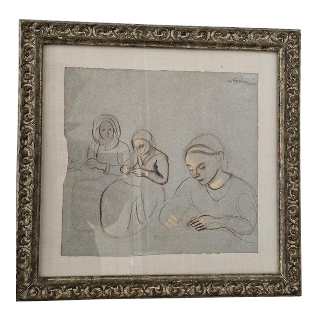 Early 20th Century Signed Modernist Drawing of Women Sewing, L. Freimann For Sale