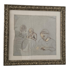 Early 20th Century Signed Modernist Drawing of Women Sewing, L. Freimann