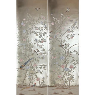Silver Leaf Chinoiserie Hand-Painted Floral & Bird Wall Panels (Set of 2) For Sale
