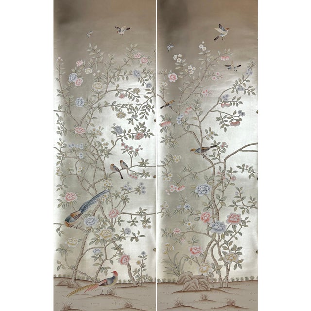 Silver Leaf Chinoiserie Hand-Painted Floral & Bird Wall Panels (Set of 2) For Sale
