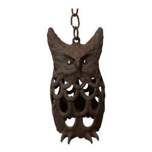 Vintage Life Size Stylized Cast Iron Owl Sculpture Hanging Lantern Japan Circa 1960s