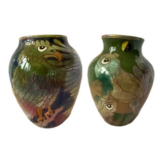 Washington Ledesma Vases/PairHand-Crafted Pair Vintage 1993 Whimsical Folkloric Motif For Sale