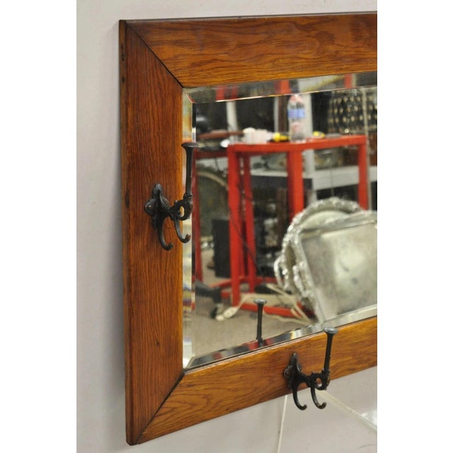 Antique Arts & Crafts Mission Oak Wood Beveled Glass Hall Mirror Iron Coat Hooks For Sale - Image 11 of 12