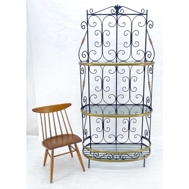 Gold Wrought Iron & Brass 38” Wide Rounded Shelved Bakers Rack MINT For Sale - Image 8 of 14