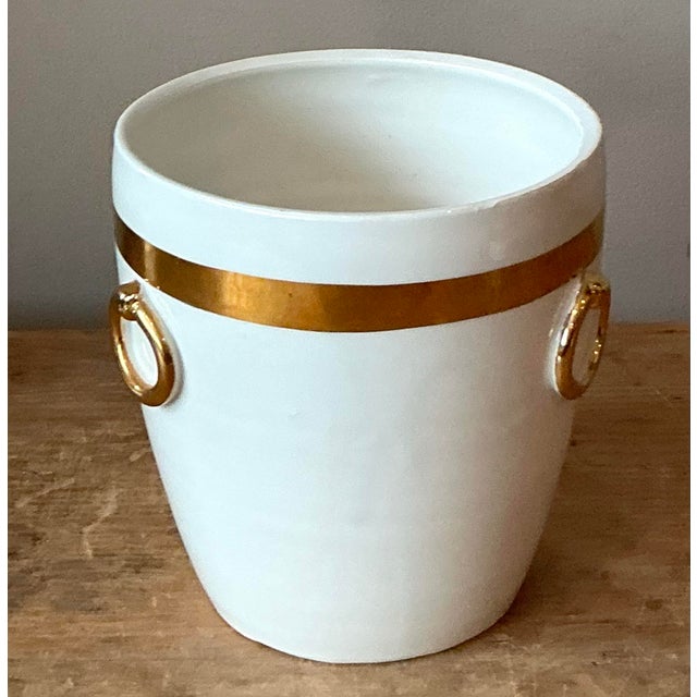 Metal Vintage Boho Italian Glazed Ceramic.Gold Rings Cache Pot For Sale - Image 7 of 11