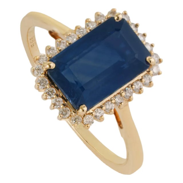 3.31ct Emerald-Cut Blue Sapphire Diamond Modern Engagement Ring Size 6.5 in 14k Gold For Sale
