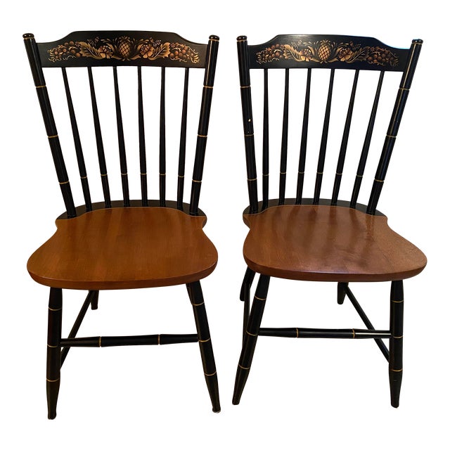 1960s Ethan Allen Hitchcock Pineapple Stencil Back Chairs a Pair