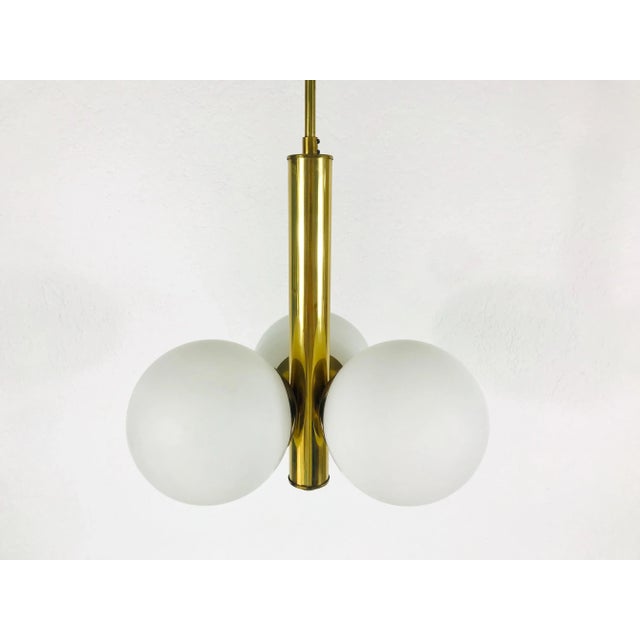 Mid-Century Modern 1960s Mid-Century Modern 3-Arm Opaline Glass and Brass Pendant Lamp by Kaiser, Germany For Sale - Image 3 of 10