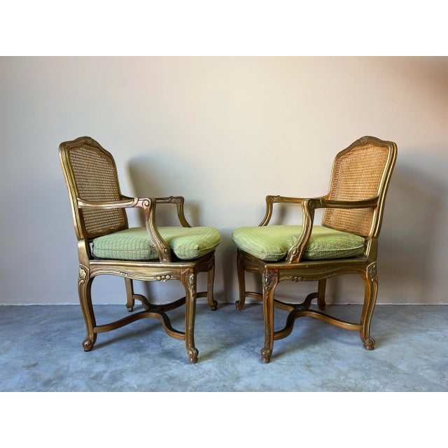 1970s Hollywood Regency French Louis XV - Style Cane Back & Seat Armchairs - A Pair/ Sold For Sale - Image 5 of 12