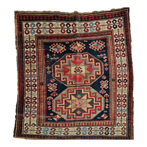 19th Century Kazak Area Rug, Handwoven Wool, Memling Gul Pattern, 5' x 5'