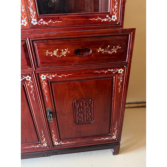 Vintage Chinese Rosewood Mother-of-Pearl Inlaid China Cabinet – 2 Pieces For Sale - Image 16 of 18