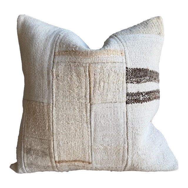 Vintage Turkish Hemp Rug Pillow 21" X 21" With Down Insert For Sale