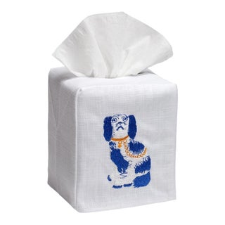 Blue Saffordshire Dog Tissue Box Cover White Linen & Cotton, Embroidered