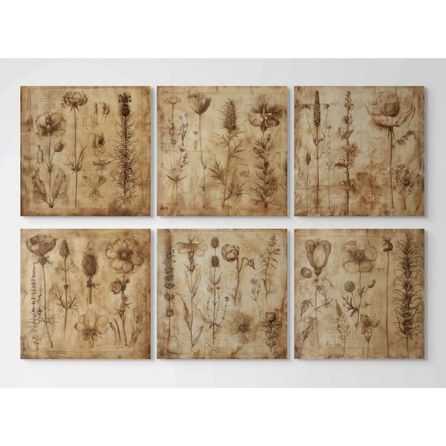 Burnt Umber Set of 6 - 54" X 36" Gallery Wall Installation 'Monochrome Sepia Flowers' Herbarium Botanical Floral Prints, Unframed For Sale - Image 8 of 8